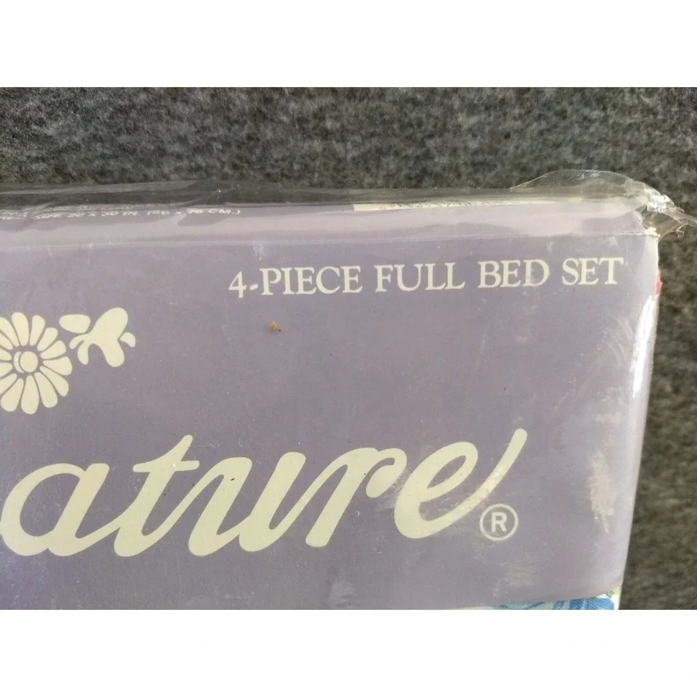 Signature Full Sheet Set 4Pc Flat Fitted 2‎ Pillowcases Flora Blue Pink Vtg NOS